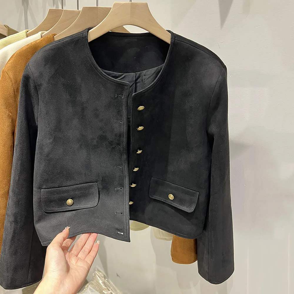 2024 Spring Jacket Ladies French Small Fragrant Wind Suede Short Coat Women\'s Round Neck Solid Color Casual Tops Autumn Outwear