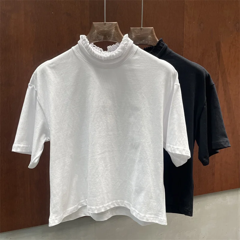 

Женская футболка: Новая эластичная вязаная кофта с коротким рукавом для весны 2026 года, облегающий пуловер с высоким воротом из чистого хлопка для женщин