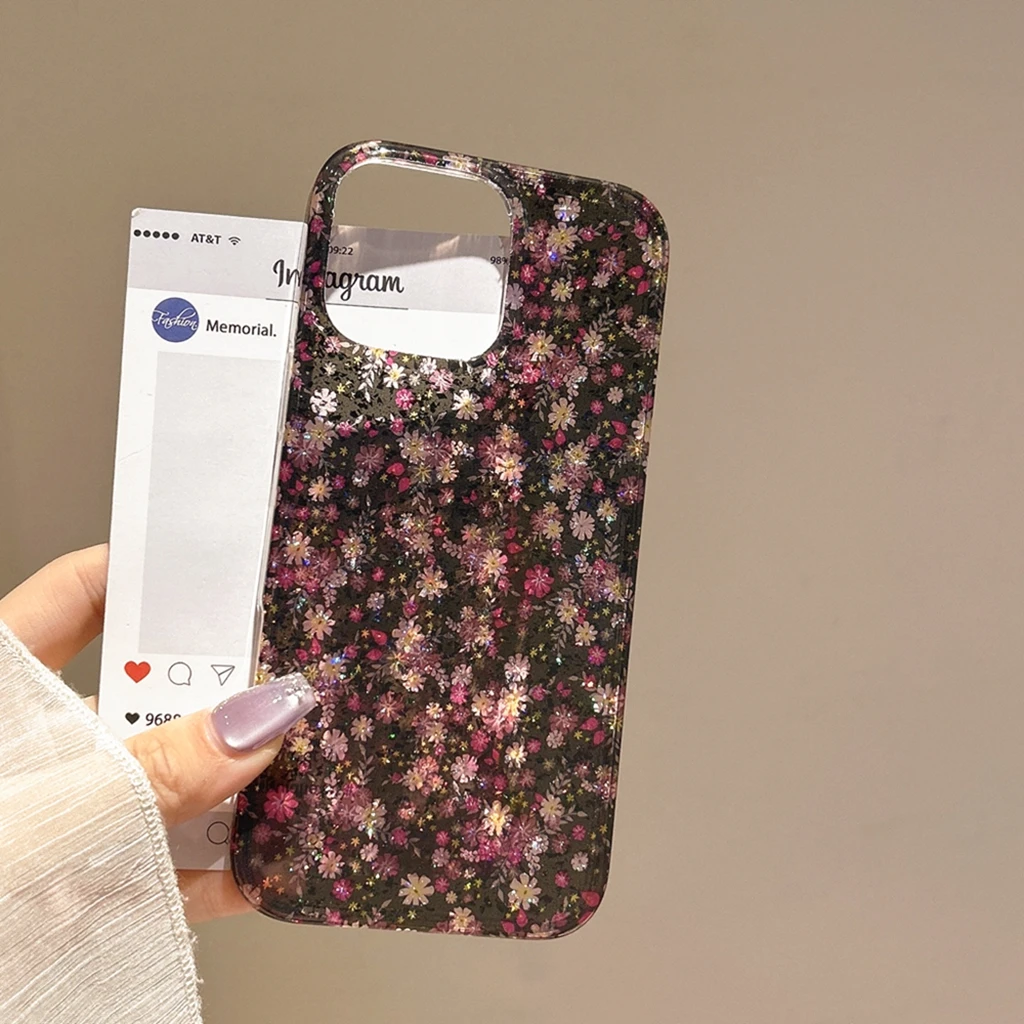 Retro Oil Painting Glitter Colorful Little Flowers Shockproof Protective Phone Cover Case for iPhone 17 16 15 14 13 Pro Max Air