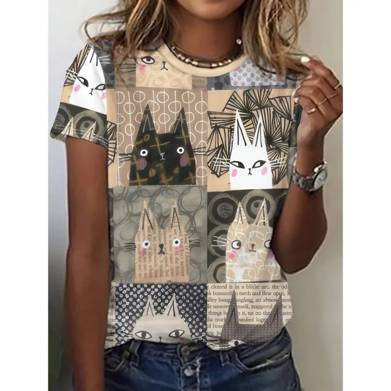 Abstract Cat Dog Pattern T Shirt For Women Fun Animal 3D Printed Short Sleeves Summer Loose T-Shirts O-Neck Tops Tees Streetwear