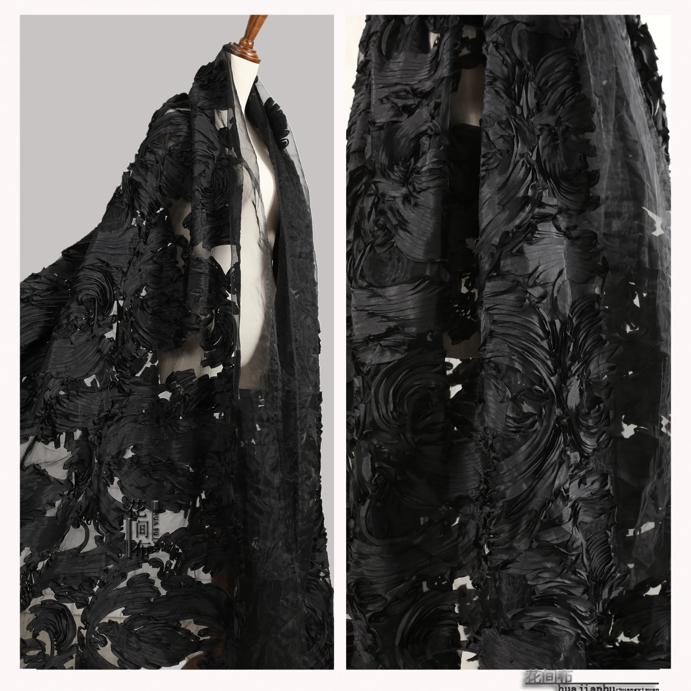 Black Patterned Organza Crushed Fabric Wedding Dress DIY Soft Clothing Fashion Designer for Diy Sewing Material Wholesale Cloth