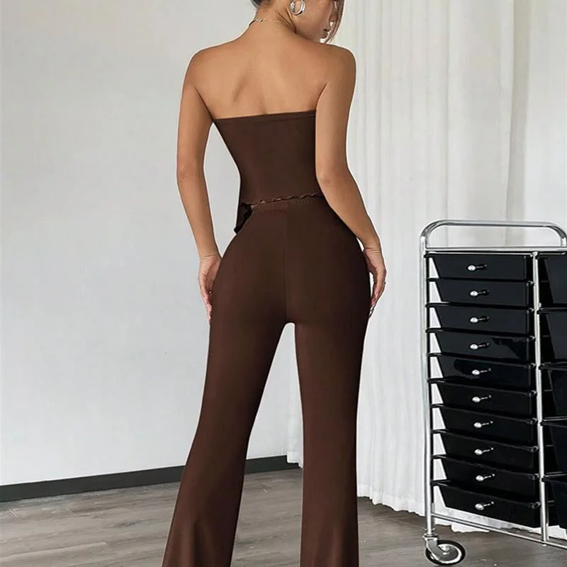 Sexy Street Fashion Set 2026 Spring Summer New Style Tube Top Long Pants Two Piece Set Casual Style Polyester Fiber T-Shirt