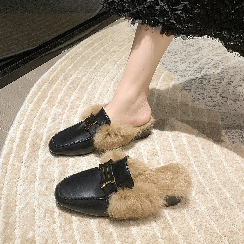 Fur Women Slippers Metal Decoration Fringe Appliques Slides Winter 100% Real Rabbit Hair Shoes Woman Indoor Big