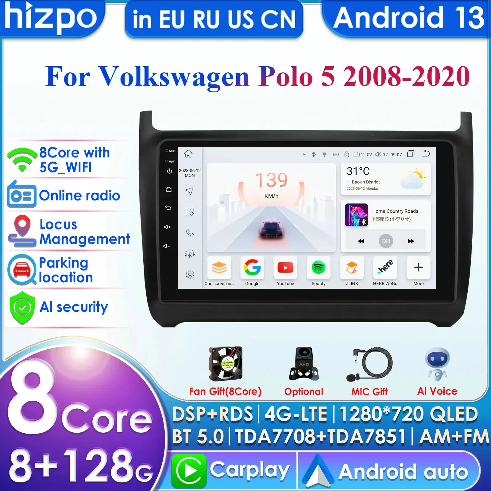 

Hizpo 360 Camera 9Inch Carplay 4G 2Din Android 13 Car Radio for Volkswagen Polo 5 2008-2020 Multimedia Video Player GPS DSP WIFI