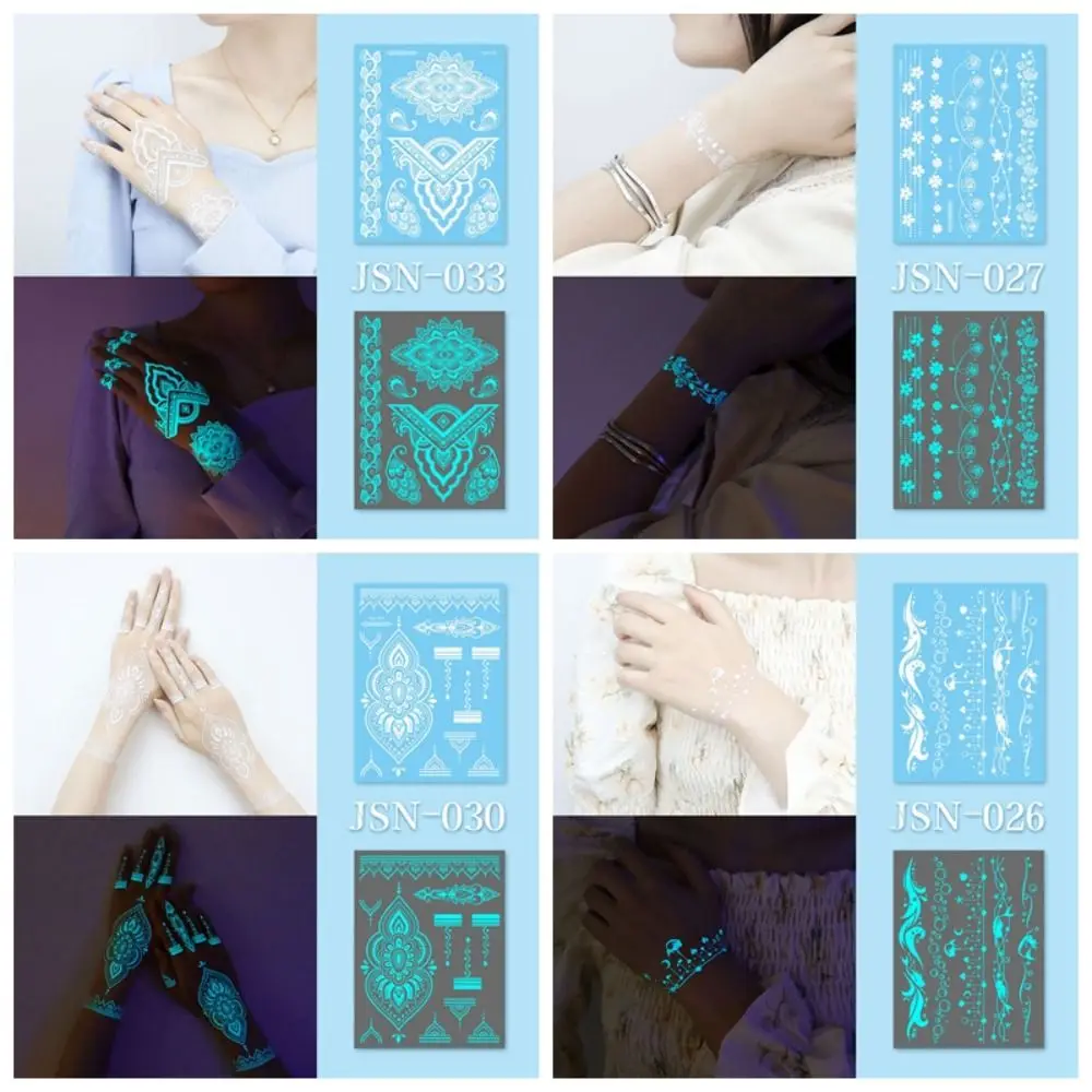 Blue Glow Henna Tattoo Sticker Waterproof Lasting Fake Lace Tattoos Sweatproof Glow in the Dark Luminous Temporary Tattoos