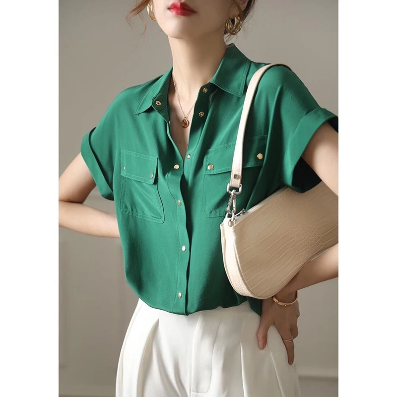 Summer Fashion Elegant Short Sleeve Women\'s Shirt Pocket Lady Simple All-match Buttons Casual Fashion Chiffon Blouse Solid Tops