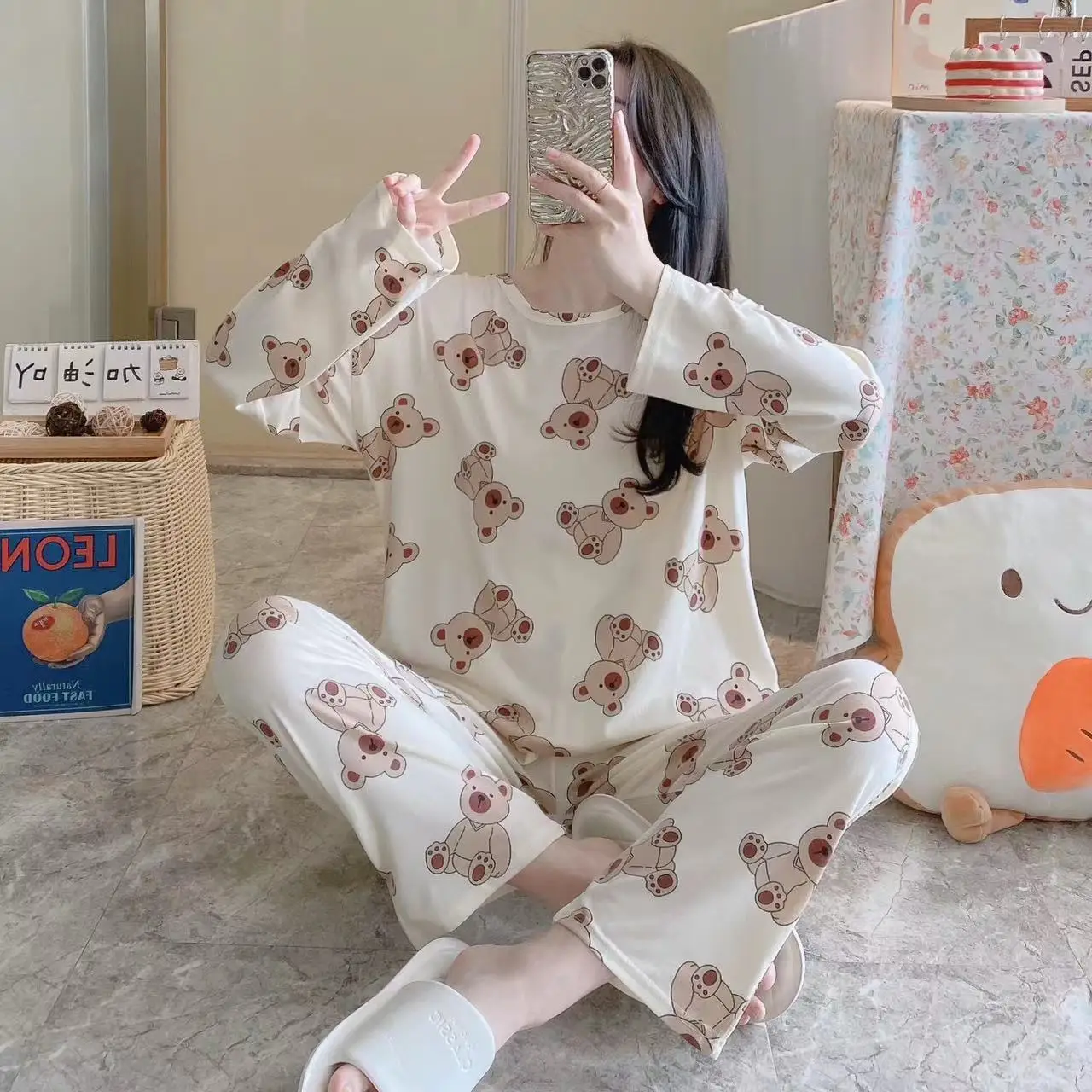 Two Pcs Set Spring and Autumn Long-Sleeved Pajamas Girl Cartoon New Long-sleeved Cute Students Can Wear Thin Loungewear