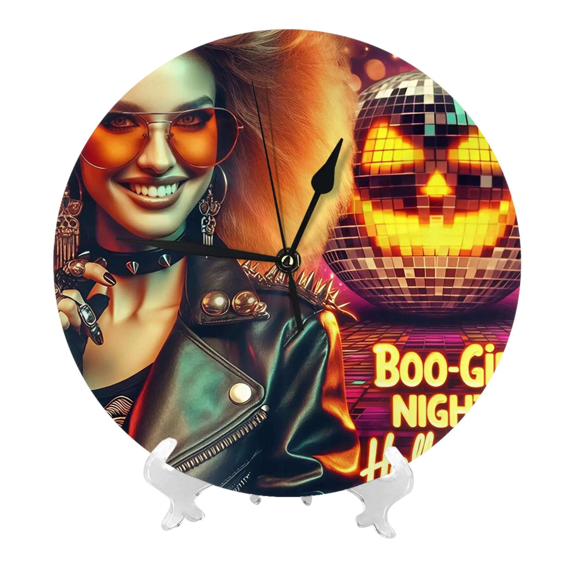 Glam Rocker Lady Pumpkin Halloween Wall Clock Room Decoration Silent Round Clock for Bedroom Living Kitchen Home