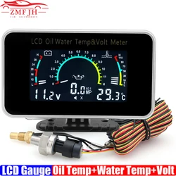 3 IN 1 LCD Ölçer Çok Fonksiyonlu Yağ Sıcaklığı + Su Sıcaklığı + Voltmetre Sensörlü 1/8NPT Kamyon için 12V24V