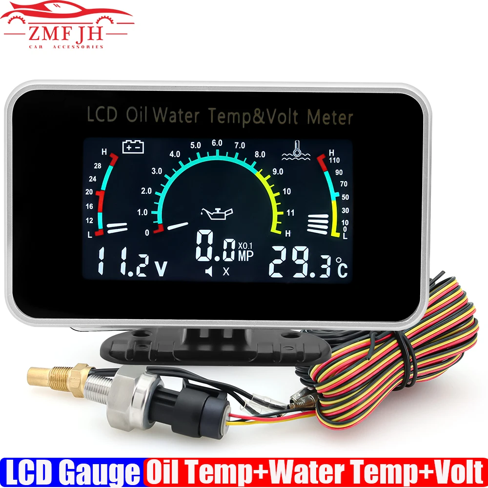 Wskaźnik LCD 3 w 1 Wielofunkcyjny wskaźnik temperatury oleju + temperatury wody + woltomierz z czujnikiem 1/8NPT do ciężarówki 12V24V
