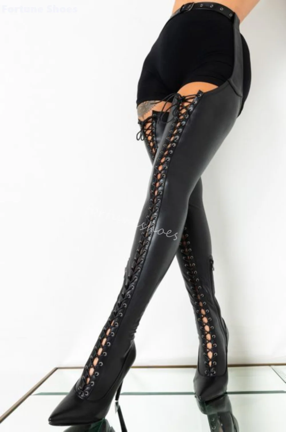 

Thigh High Chap Long Pants Boots Women Elastic Waist Belted Thin Heels Fashion Cross-tied Over Knee Boots Club Over Knee Shoes