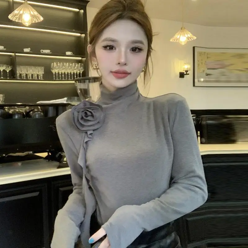 New Three-dimensional Flower Long Sleeve T-Shirt 2025 Women Autumn Winter Turtleneck Base Shirt Blouse Korean Style Bottom Shirt