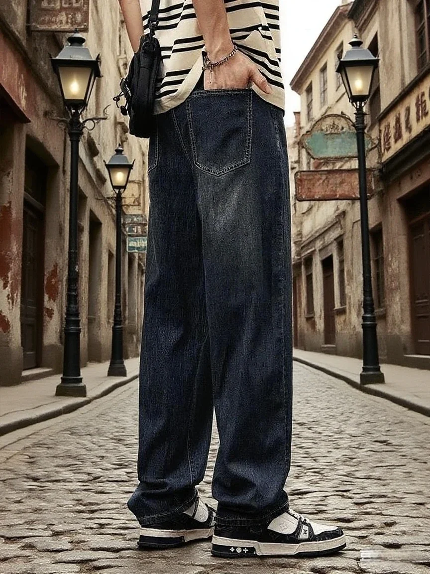 جديد الشارع الشهير فضفاض الجينز الرجال الكورية موضة الرجعية الدنيم السراويل الصلبة غسل عادية مستقيم tubeTrousers الرجال ماركة الملابس ارتداء
