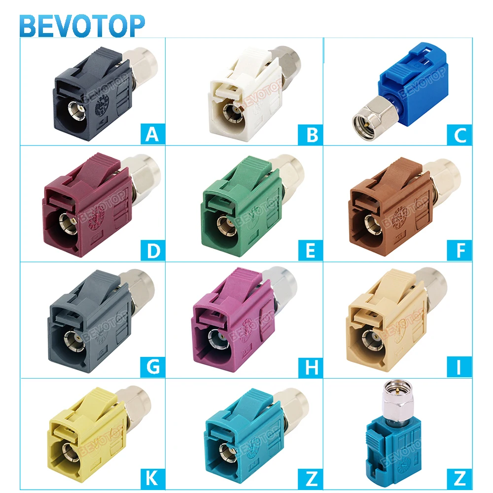 10PCS New Fakra Code A/B/C/D/E/F/G/H/I/K/Z Female Jack to SMA Male Plug Straight Adapter 50 Ohm RF Coaxial Connector BEVOTOP