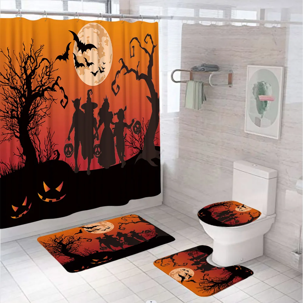 Halloween Witch Shower Curtain Set Dead Tree Pumpkin Bat Full Moon Bathroom Decor Screen Non Slip Bath Mat Rug Toilet Cover Home