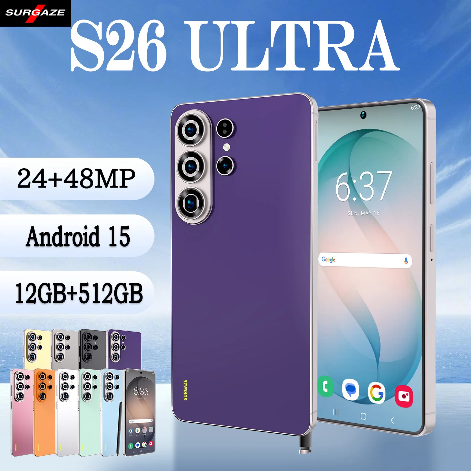 هاتف ذكي SURGAZE 2026 S26 Ultra عالي الجودة بنظام أندرويد 15، بطارية 5000 مللي أمبير، ذاكرة 12 جيجابايت + 512 جيجابايت، شاشة 6.8 بوصة، يدعم 4G و5G، إصدار عالمي بشريحتين