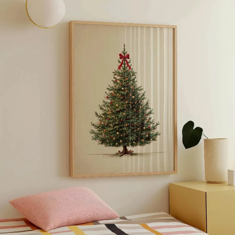 Vintage Christmas Tree Canvas Wall Art Retro Pine with Red Bow Bauble Xmas Holiday Home Wall Print Unframed Canvas Poster