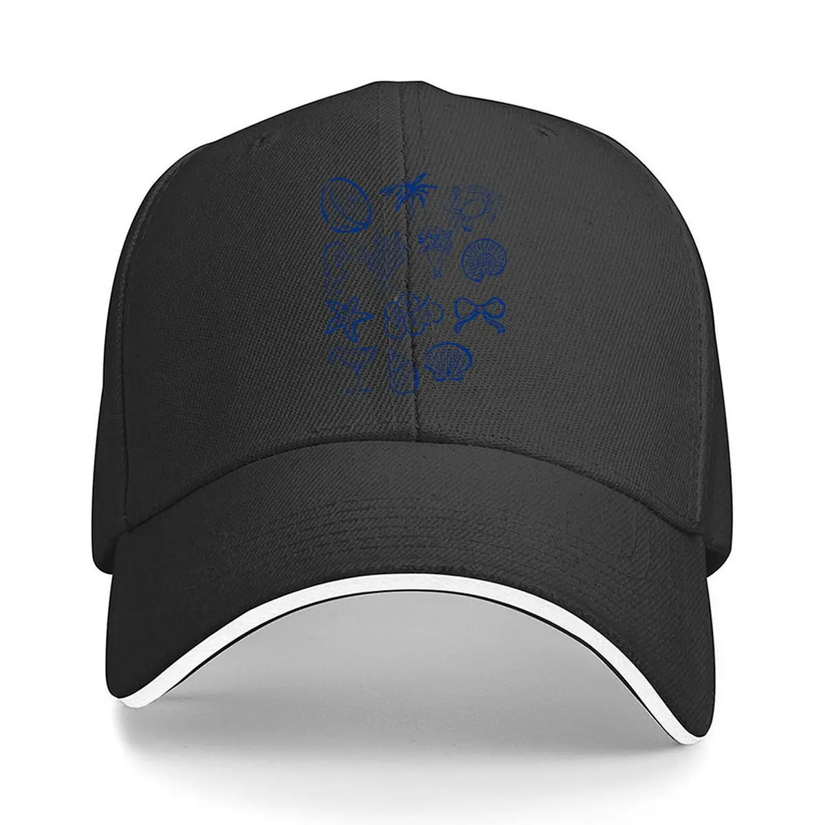 Blue Coastal Sketch Icons Shell Crab Palm Starfish Coral Sandwich Baseball Cap Outdoor Workouts Sun Hat