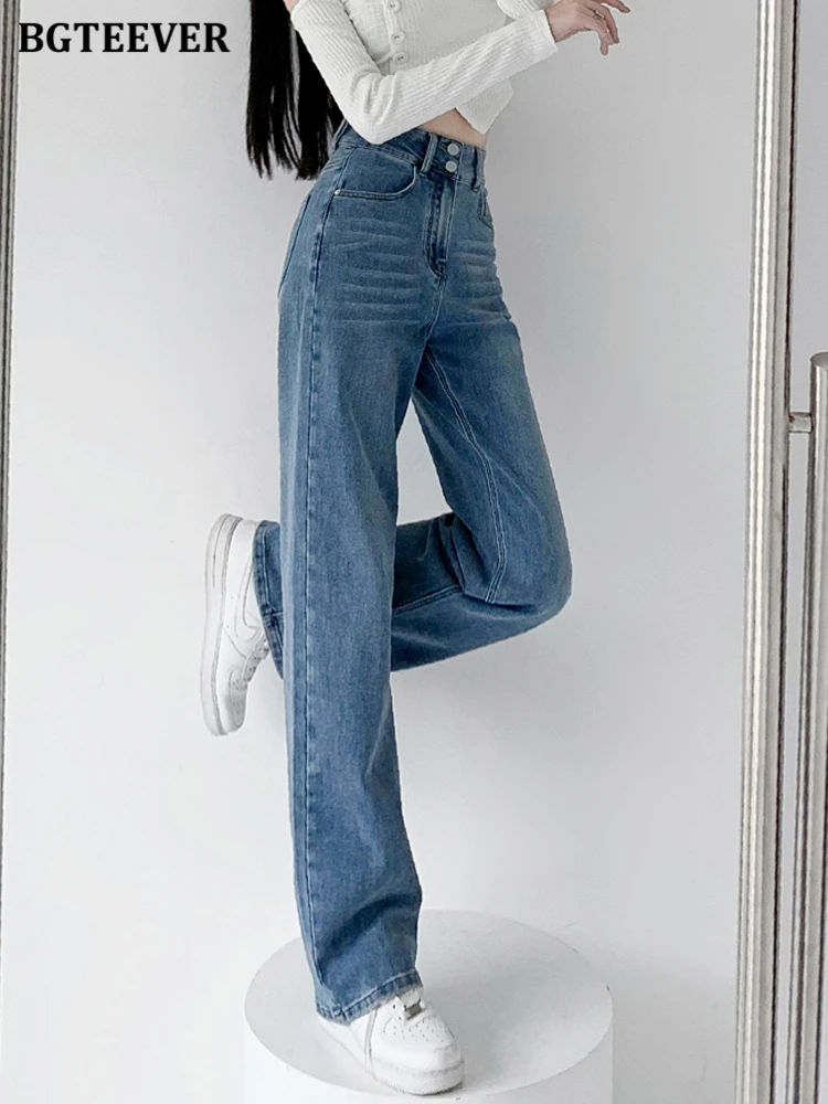 Imagem -02 - Bgteever-jeans Longos e Retos para Mulheres Calças Jeans Soltas Cintura Alta Perna Larga Elegante para a Primavera e o Verão