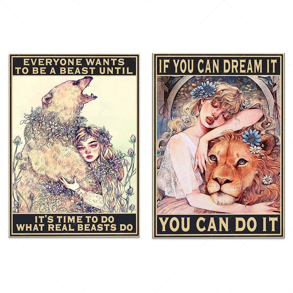If you can dream, you can do it, it's time to be a real beast do retro poster, love bear lion poster, girl and lion gift