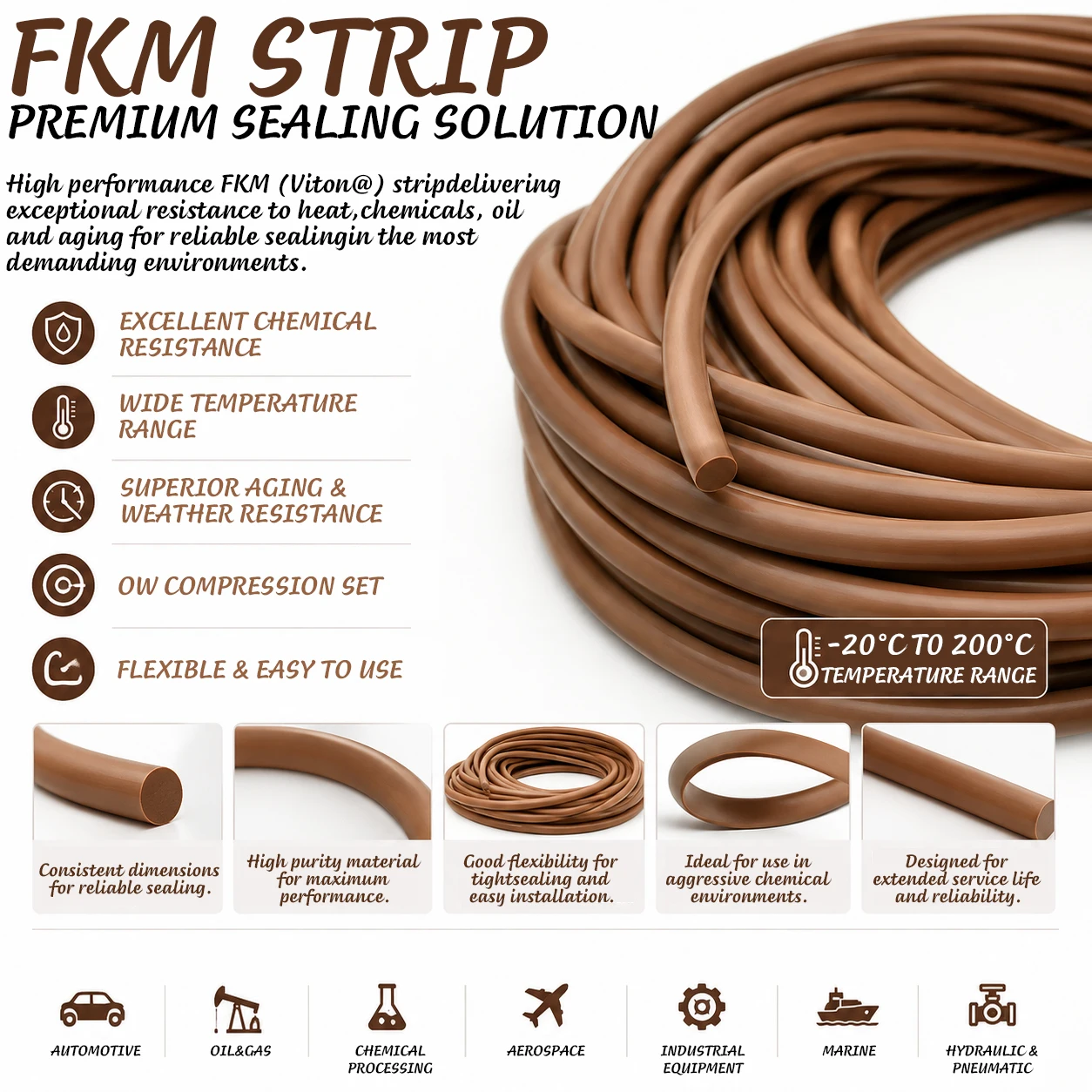 Brown Diameter 1.5mm~8mm FKM Fluororubber Solid Sealing Strip, Oil Resistant Industrial Wear-Resistant Solid Sealing Strip