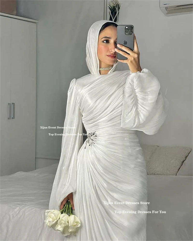 Xijun Modest Ivory Muslim Evening Dresses Full Sleeves Crystal Wedding Party Dresses Pleats Dubai Formal Prom Dresses Customized image 3