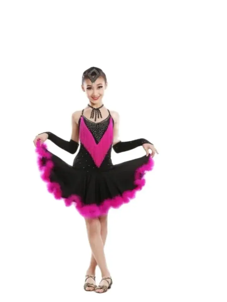 1pcs/lot Children Professional Latin tassel Dance Dress Girls Modern Waltz Tango Cha Cha Kids Ballroom Dress with Feather