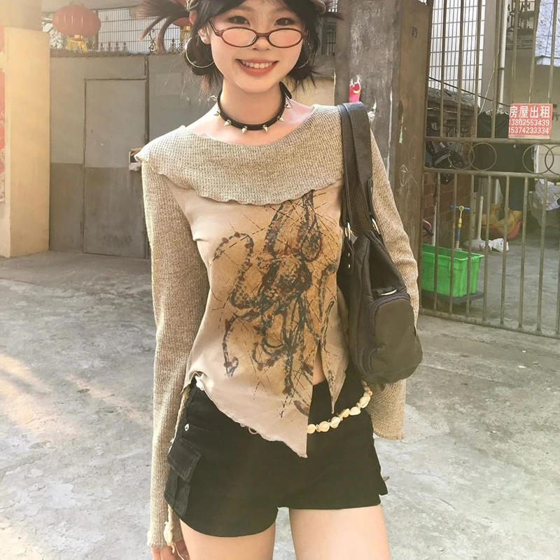 Y2K Irregular T Shirts Women Vintage 90S Print Long Sleeve Crop Tops Japanese Harajuku Aesthetic Slim All Match Split Tees New image 2