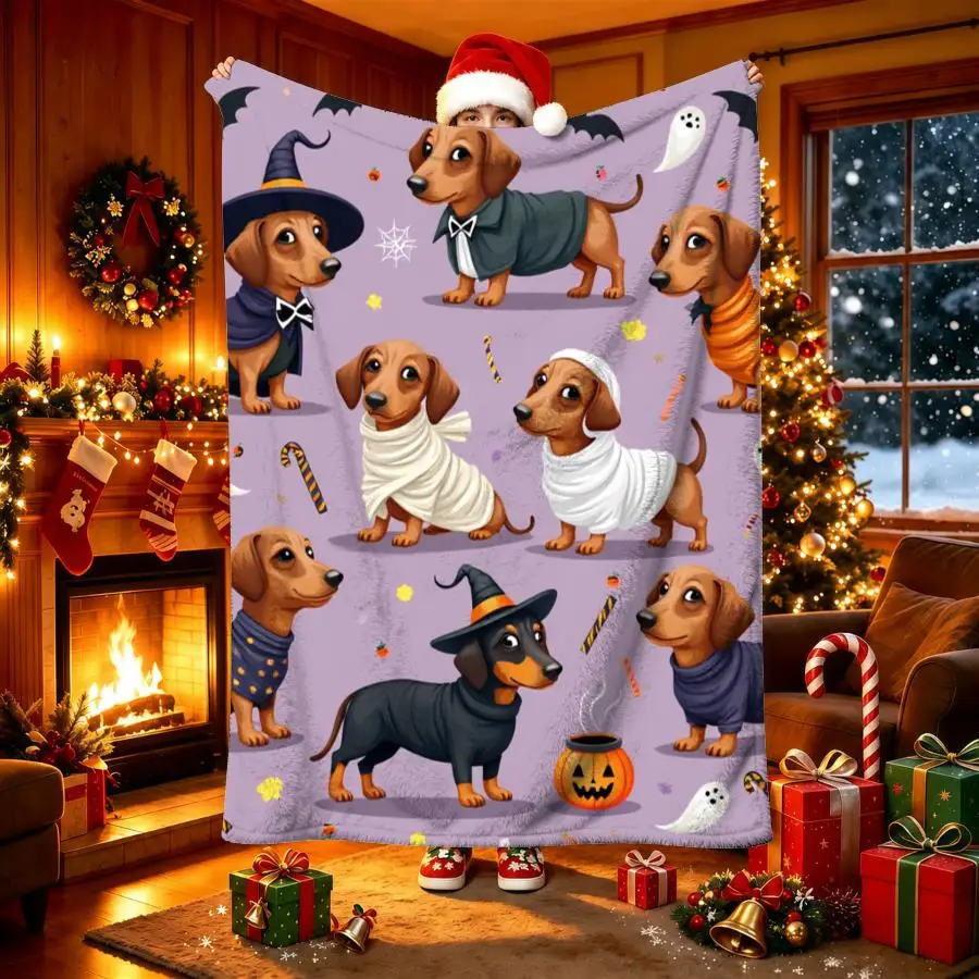 Cute Dachshund Dog Halloween Cosplay Costume Pattern Soft Flannel Throw Blanket Warm Light‑weight Blanket For Sofa Bed Pet‑theme