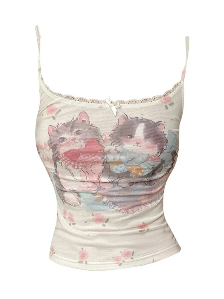 

Sweet Lace Edges Floral Cat Kitten Pattern Cute Camisole 2000s Aesthetic Sweet Japanese Slim Sleeveless Crop Top Baby Tee Sweet