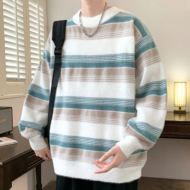 

Men's Winter Knit Sweaters Men's Loose Casual Jumper Brand Clothing Men's Long Sleeve Striped Knit Sweaters Man Pullover S35