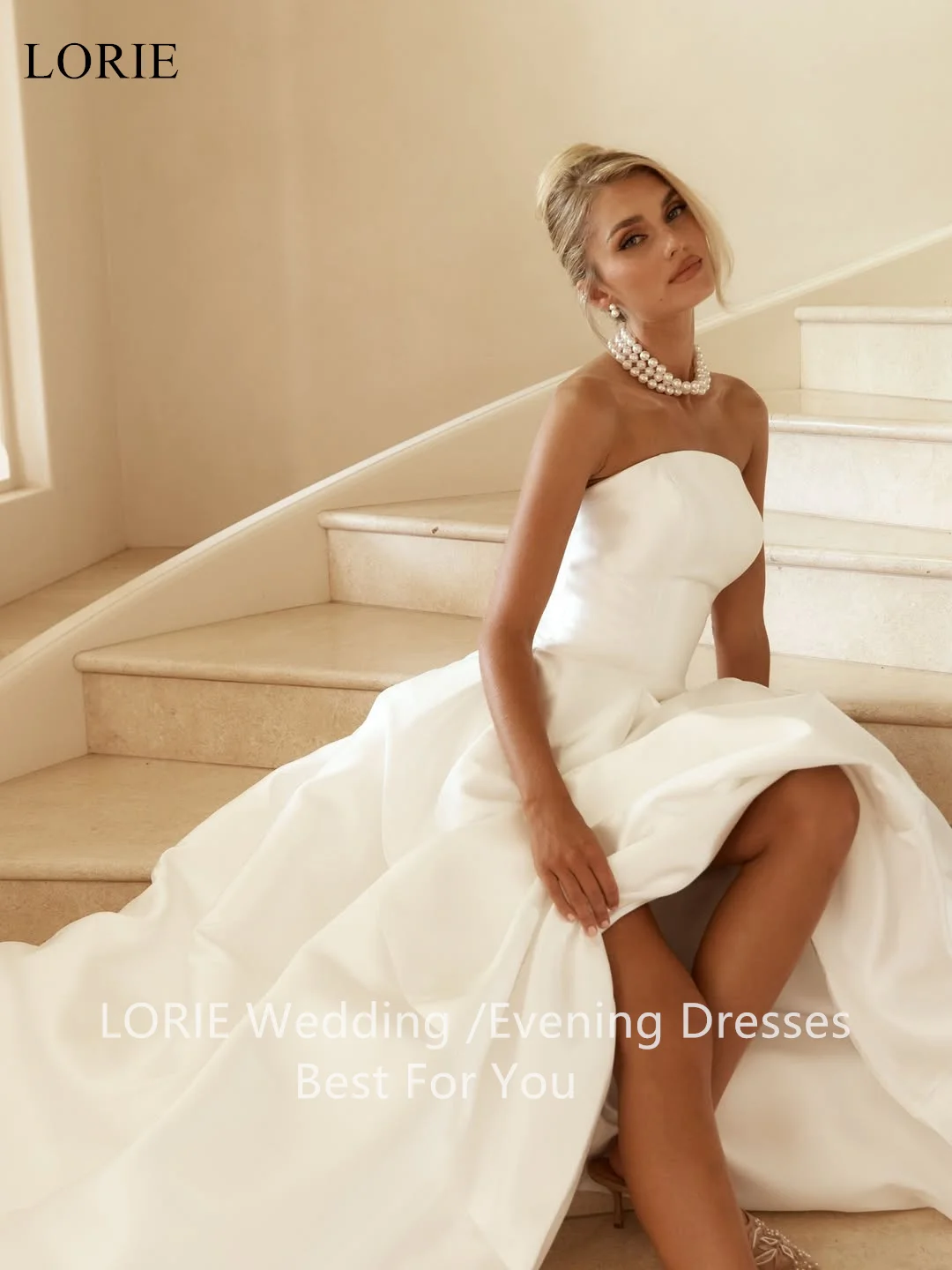 LORIE Abiti da sposa eleganti senza spalline in raso A-Line senza maniche Abito da ballo da sposa Abiti da sposa pieghettati avorio personalizzati