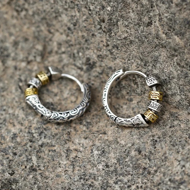 Men’s Tang Grass Pattern Stud Earrings Niche Cool Design Trendy Punk‑Style Male Ear Jewelry Accessory