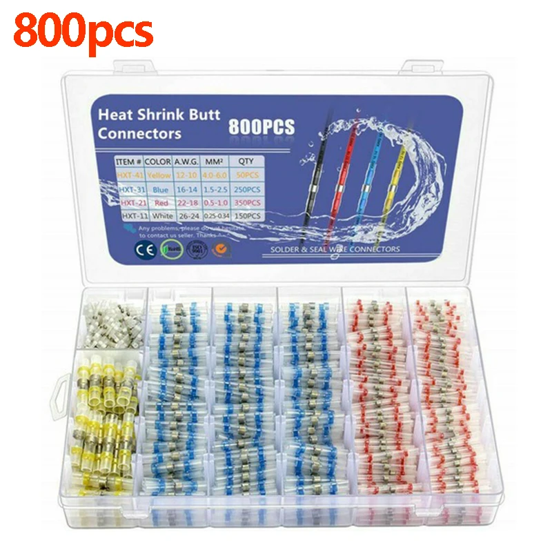 800pcs Waterproof Wire Terminals Insulation Heating Shrink Tubing Cable Connectors Solder Seal Tubes for Car Wires with Box