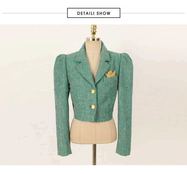 Autumn Elegant OL Green Tweed Two Piece Set Women Ruched Puff Sleeve Short Blazer + High waist A-Line Skirt Suits Office Outfit