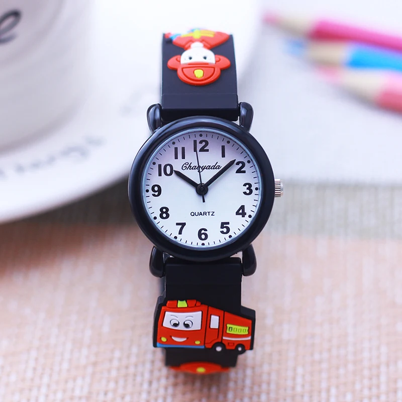 Crianças Meninos Cool Cartoon Fire Truck Silicone Strap Relógios Crianças Pequenas Estudantes Bombeiro Moda Esportes Relógios Holiday Gifts