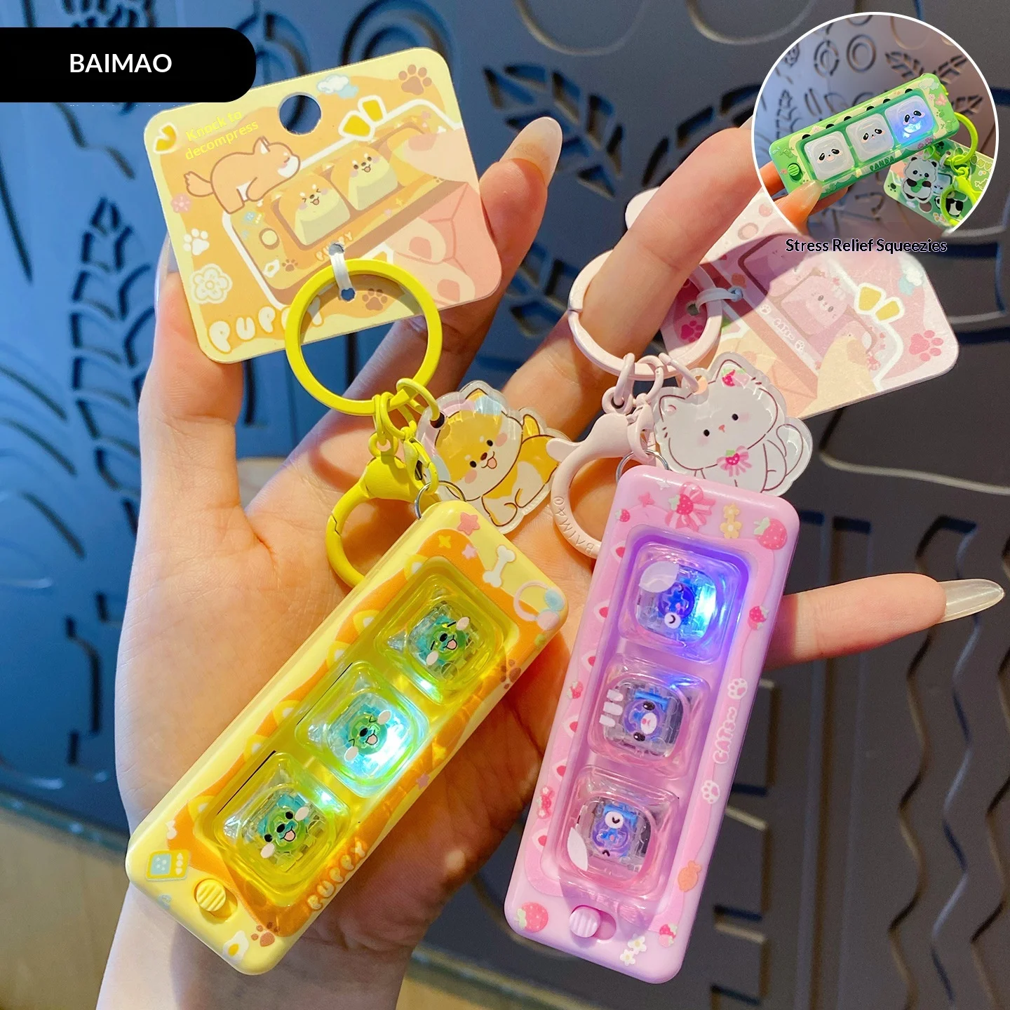 Jouet anti-stress lumineux Whack-A-Mole en forme d'animal de dessin animé mignon, porte-clés de clavier et pendentif de sac pour la décompression des adultes, en stock