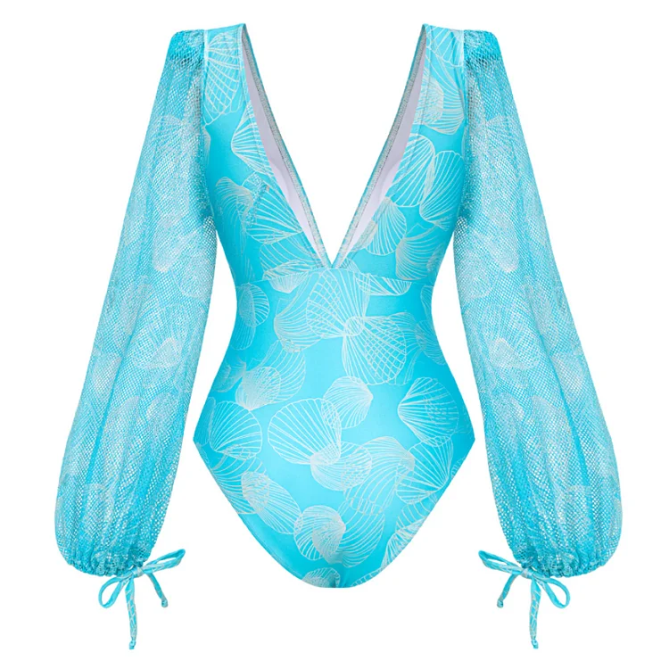 2024 New Swimsuit and Skirt V Neck Shell Print Decoration Long Sleeve One Piece Summer Swimwear Women Beachwear Bathi