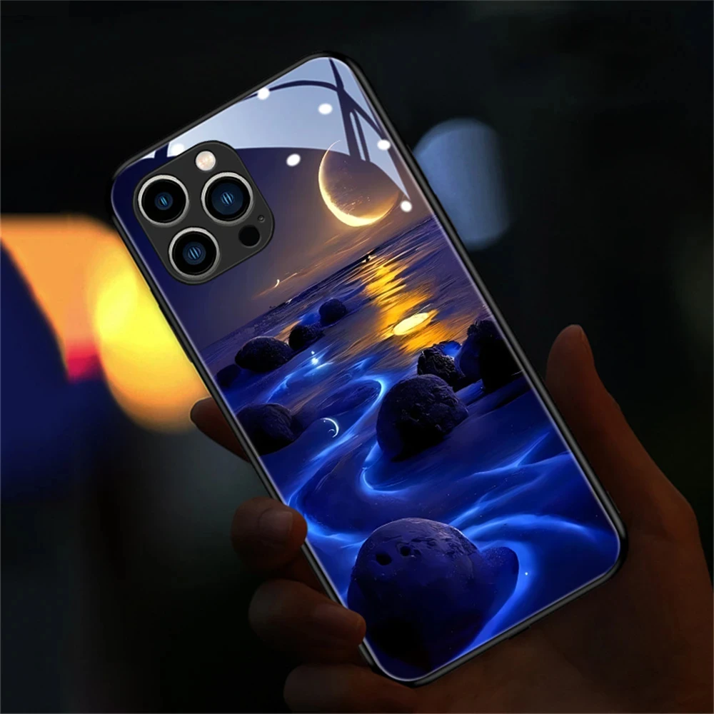 Nice Lunar Sea Design Luminous LED Phone Case Call Flashing Cover For iPhone 16 15 14 13 12 11 Pro Max X XR XS Plus 7 8 SE2020