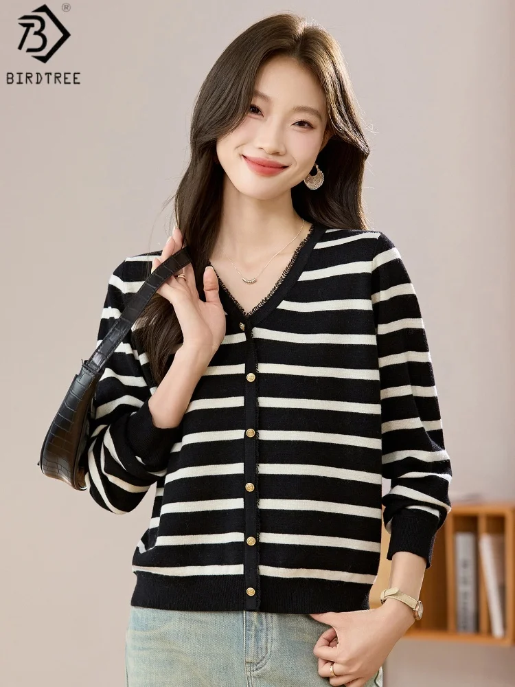 

Birdtree 5.4% Sheep Wool Stripe Knited Cardigan,Woman Wool Blend V-neck Full Sleeve Coat,Autumn Single Breasted Sweater T59635JF