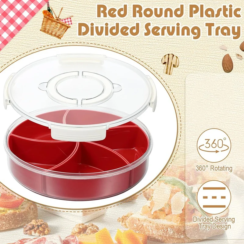 Divided Snack Serving Tray With Lid Handle, 5 Compartments Plastic Snack Food Containers With Lids Vegetables Tray