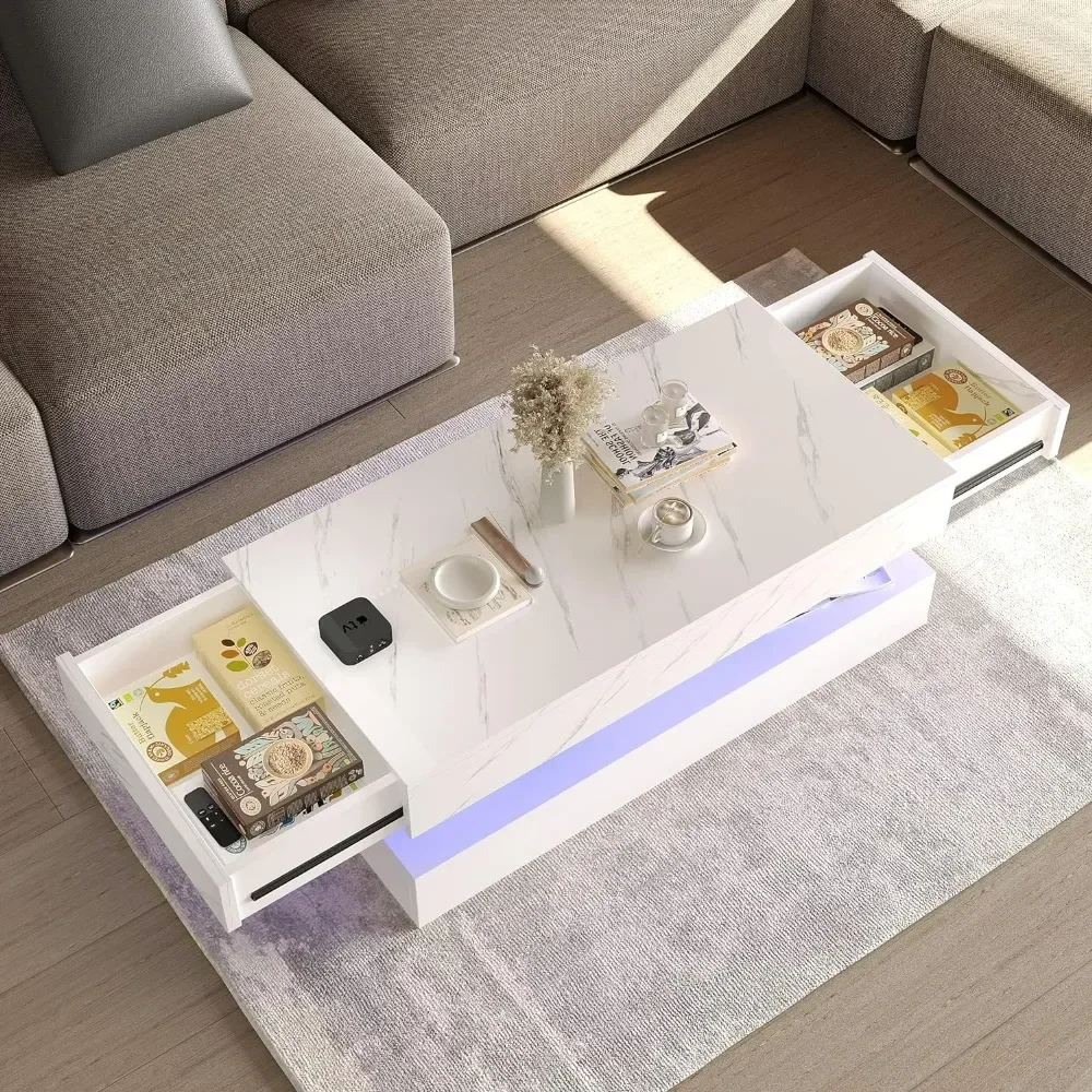 Mesa de centro rectangular con 2 cajones de almacenamiento, mesa de centro blanca de alto brillo con luces LED de 20 colores, 2 niveles