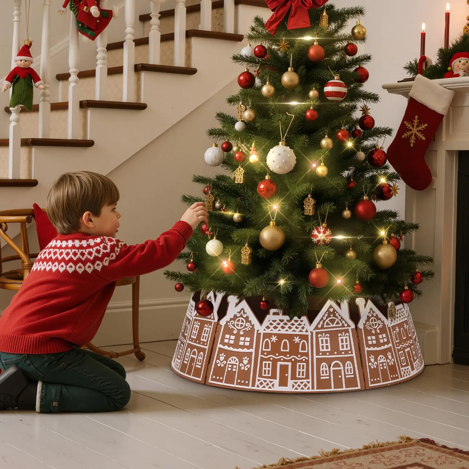 الزنجبيل منزل شجرة عيد الميلاد طوق 28 بوصة الزنجبيل الخبز البيت البلاستيك شجرة عيد الميلاد حلقة طوق لأشجار عيد الميلاد في الأماكن المغلقة #4