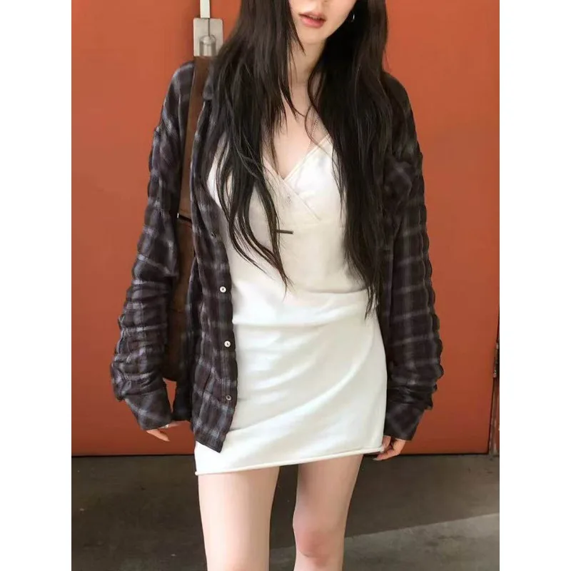 Korean Style Single-breasted Loose Long-sleeved Shirt Women 2026 Autumn New High Street Contrast Color Plaid Casual Tops