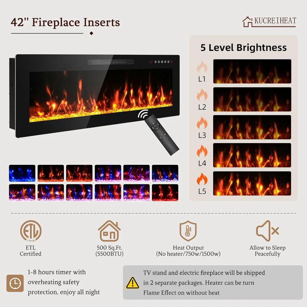 حامل تلفزيون حديث 80 مع 42 مدفأة مدمجة وإضاءة LED وتخزين لأجهزة التلفاز الكبيرة حتى 90 - مركز ترفيه أنيق باللون الأسود