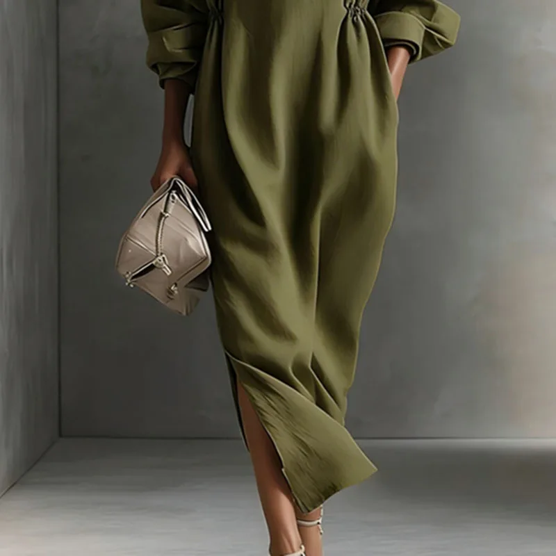 Simple Casual V Neck Lapel Shirt Dress Woman 2026 Spring Elegant Drawstring Waist Long Dress Autumn Long Sleeve Slim Party Dress