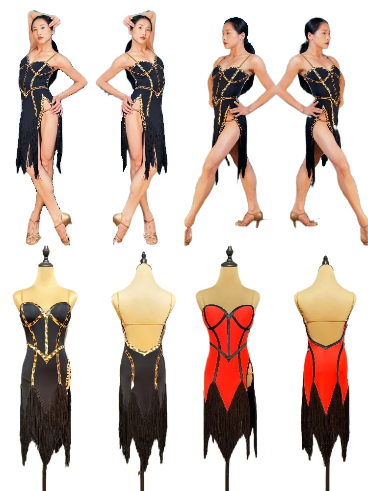 

MZDance Women's Latin Dance Dress, high-slit fringe spaghetti strap design, suitable for Cha-Cha, Samba, and Salsa performances