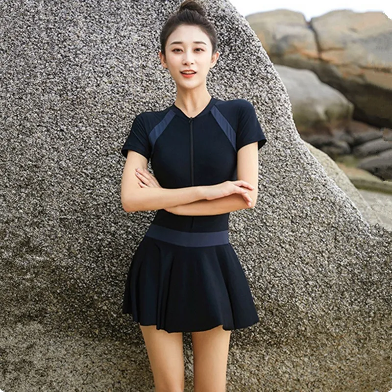 Summer One Piece Swimsuit Skirt Women Short Sleeve Swimwear Female Classic Black Beachwear Bathing Suits Sporty Surf Skirt 2957