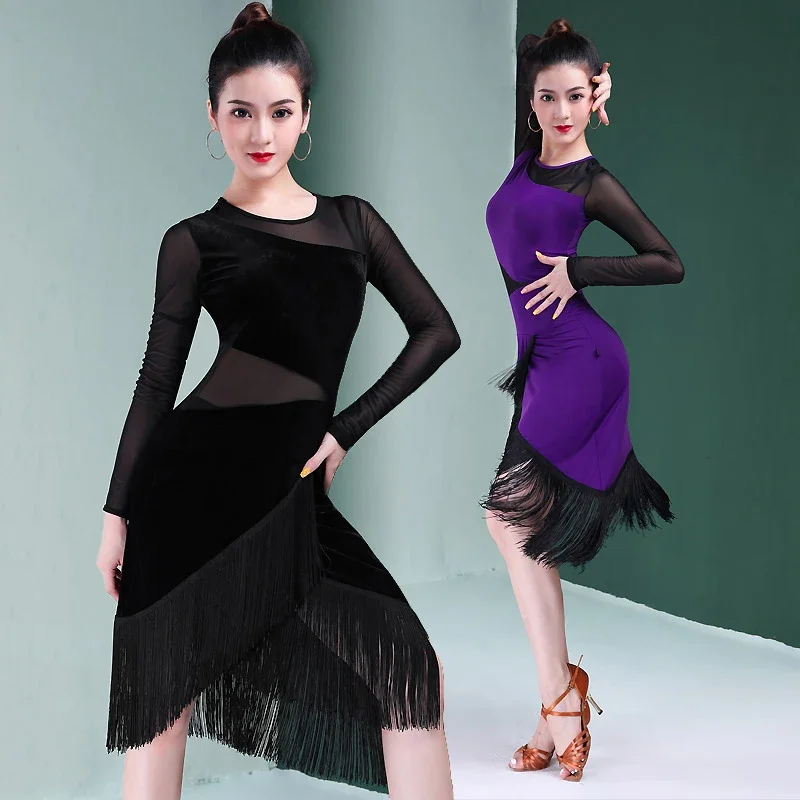 Women's Long Sleeve Latin Dance Dress Professional Competition Sexy Perspective Fringe Skirt Purple Female Dance Suit Dresses