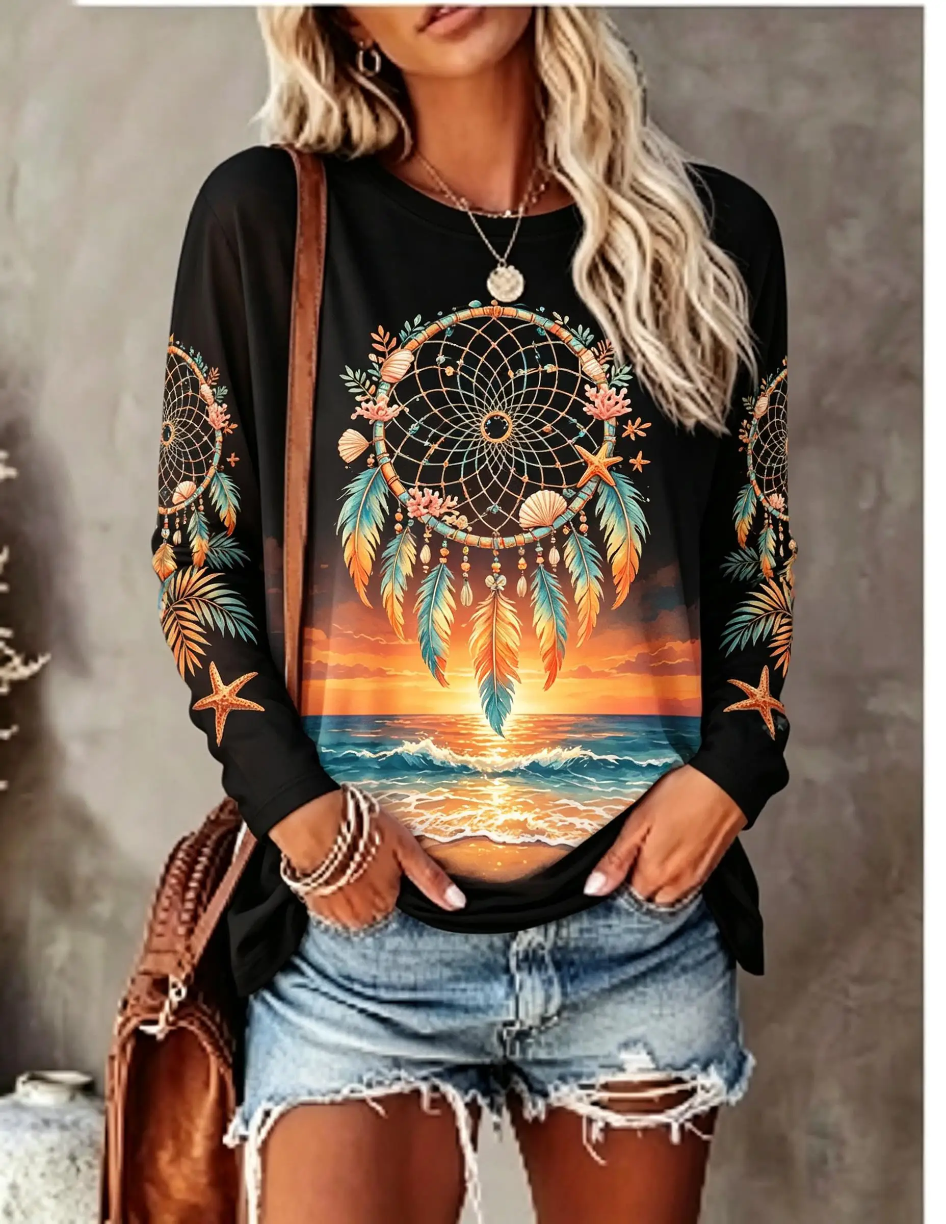 Women's Crew Neck Long Sleeve T-shirt Boho Dreamcatcher Ocean Wave Shell Print Casual Top